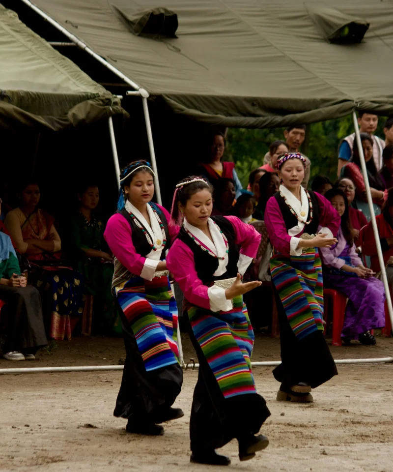 "Traditional Sikkimese women performing folk dance in colorful attire at cultural event in Sikkim."