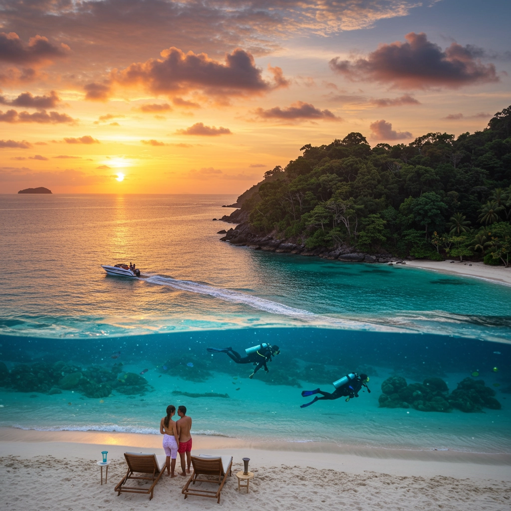 Andaman beaches, sunset, scuba diving, island hopping.