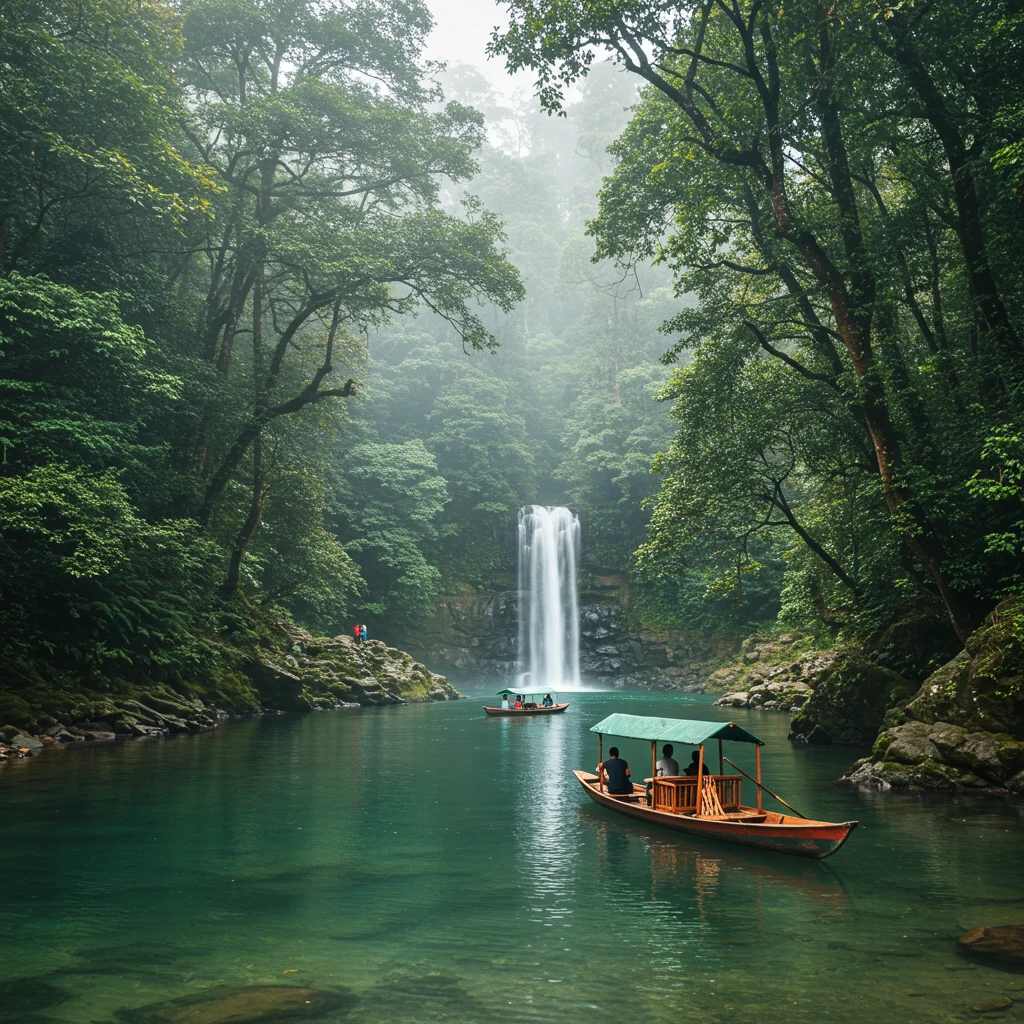 Meghalaya misty forests, Dawki River, waterfalls.