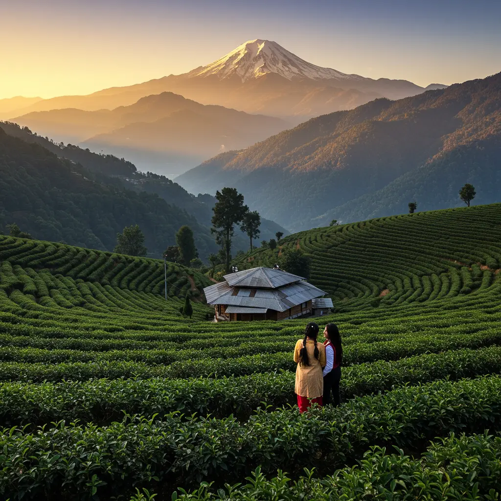 Sikkim tea gardens, mountain sunrise, Lachen snow.