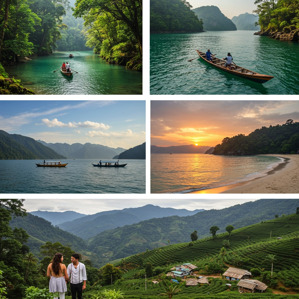 Romantic Indian destinations: Misty Meghalaya forests, Andaman beaches with sunset and scuba diving, and Sikkim tea gardens with snowy mountains.